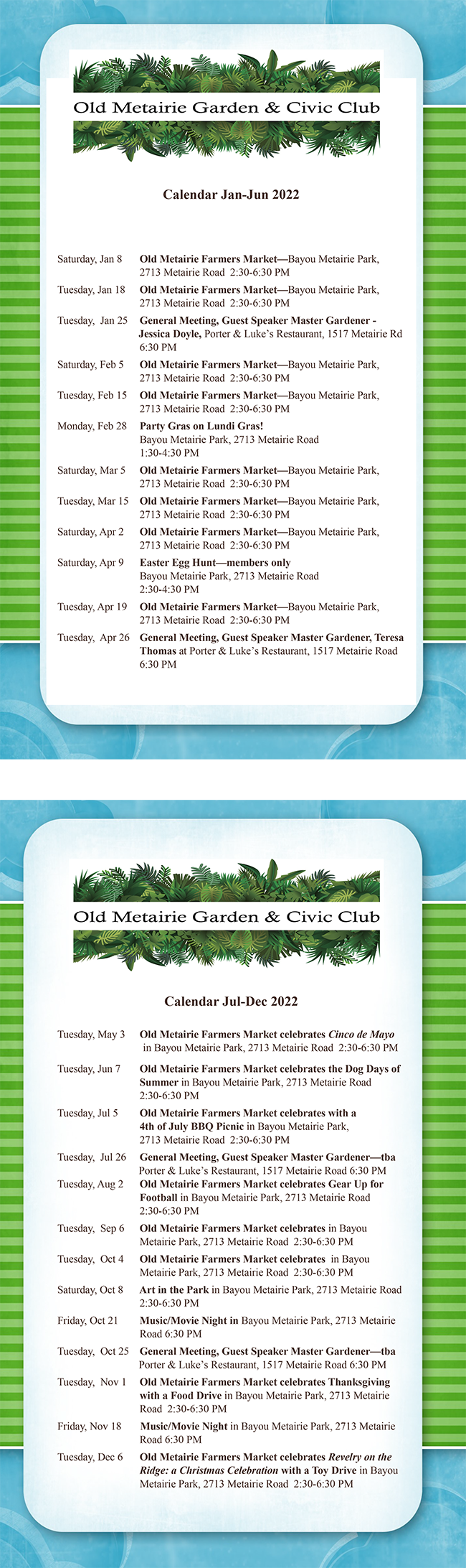 Old Metairie Garden & Civic Club Calendar of events